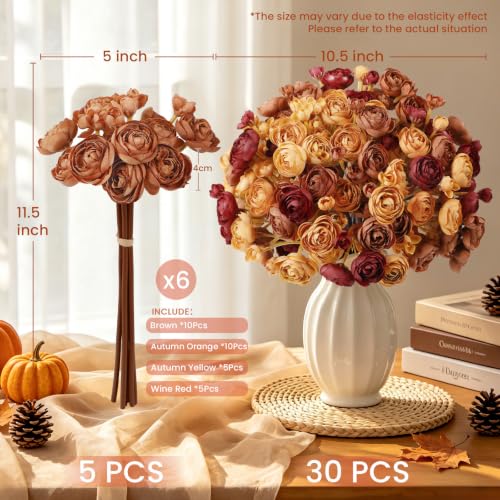 30Pcs Ranunculus Artificial Flowers Fall Faux Silk Mini Ranunculus (Maple Orange&burgundy&mocha Brown&fall Yellow)