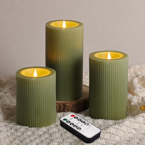 Ribbed Moving Flame Flameless Pillar Candles with Remote Set of 3