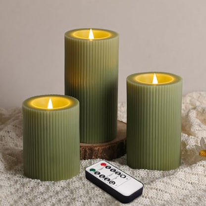 Ribbed Moving Flame Flameless Pillar Candles with Remote Set of 3