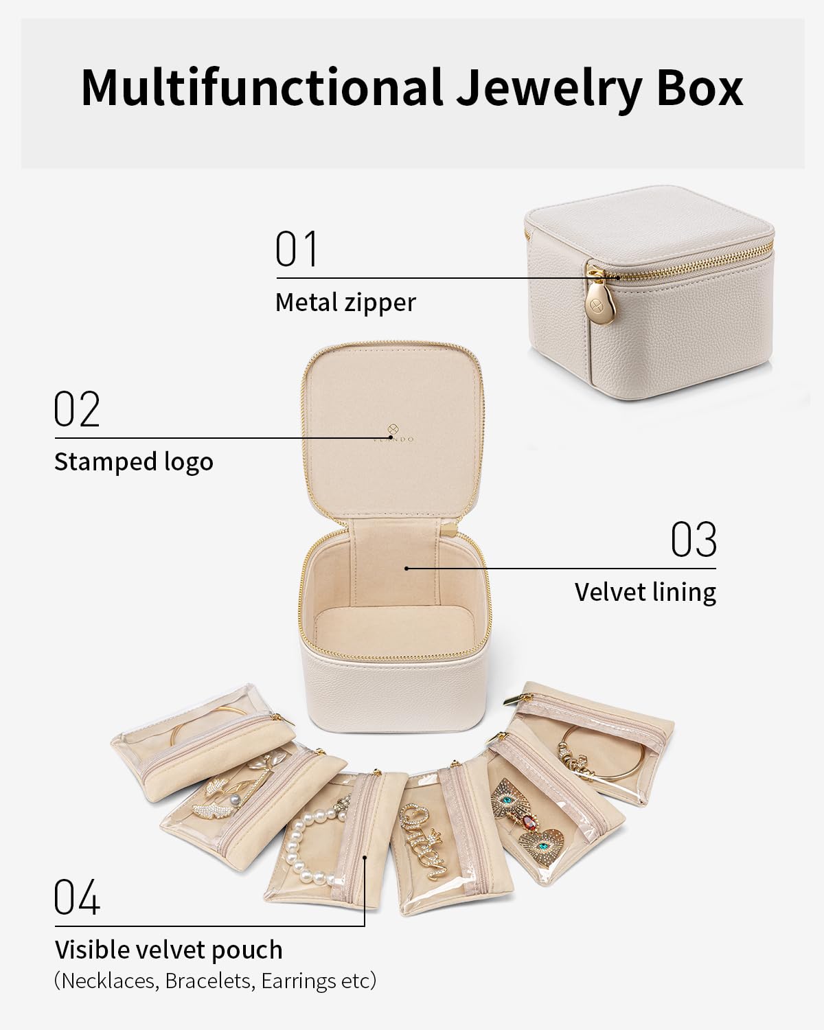 Travel Jewelry Organizer Case with 6 Clear Velvet Zipper Pouches (F.6 PCS White)
