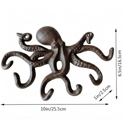 Cast Iron Coat Hooks Rustic Octopus Key Holder Heavy Duty Hooks Wall Mounted with 6 Tentacles for Keys