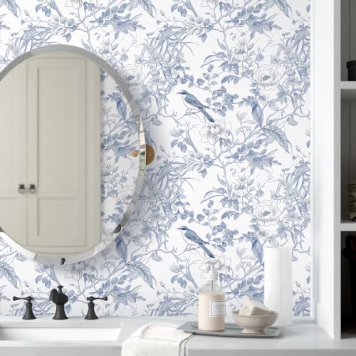 Floral Peel and Stick Wallpaper Blue Floral Bird Contact Paper