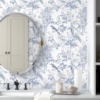 Floral Peel and Stick Wallpaper Blue Floral Bird Contact Paper