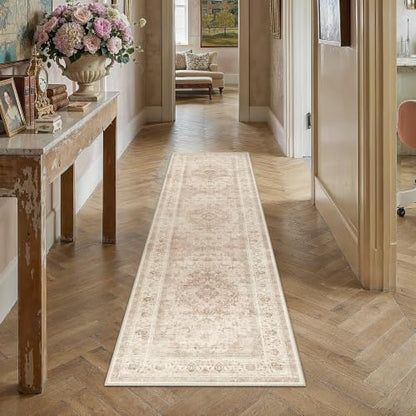 3x8 Beige Washable Runner Rug Non Slip Vintage Carpet (Vintage | Beige / 3' x 8' (Runner))
