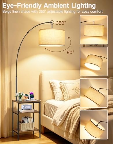 76'' Tall Arc Floor Lamp with Table & Remote (Rustic Brown With Beige Shade)