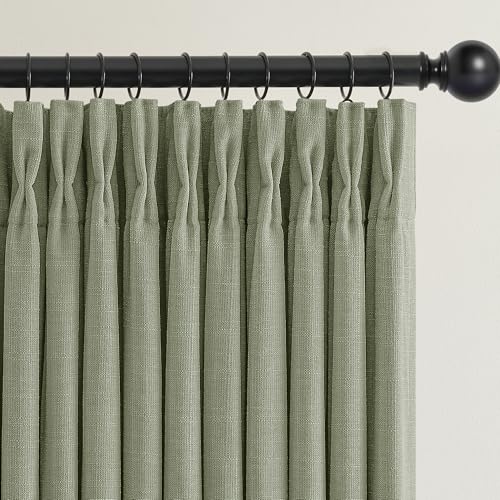 Sage Green Pinch Pleated 100% Blackout Linen Curtains 84 Inch 2 Panels Set (Sage Green / 50"W x 84"L (Pack of 2))