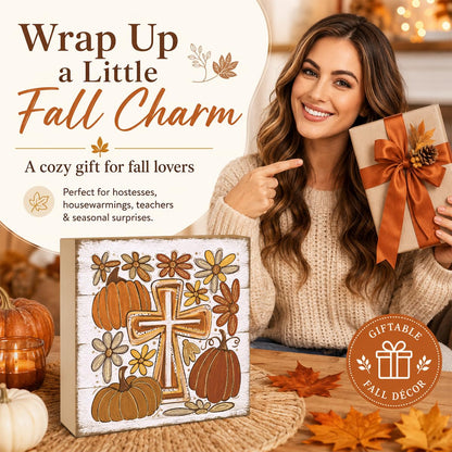 Fall Decorations for Home Christian Cross Pumpkin Sign Fall Decor (FALL71)