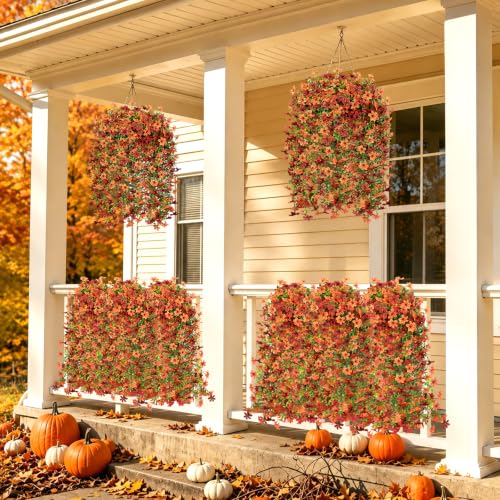4PCS 688 Blooms Artificial Fall Flowers (4*green Red Orange 720-blooms Six-petaled Hanging Flowers)