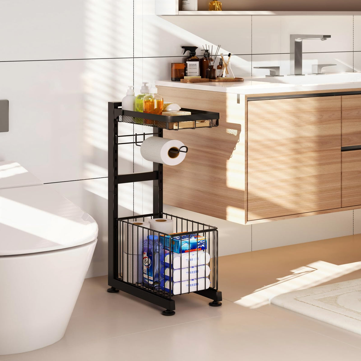 Toilet Paper Holder Stand with Storage Shelf (Black Gray)
