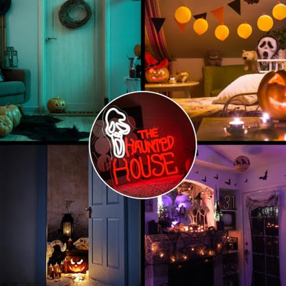 Haunted House Halloween Neon Sign for Wall Decor Halloween Neon Light Ghostface LED Sign Red Letter Neon Wall Sign Dimmable Goth LED Light for Party Game Room Bar Halloween Decor (Haunted House)