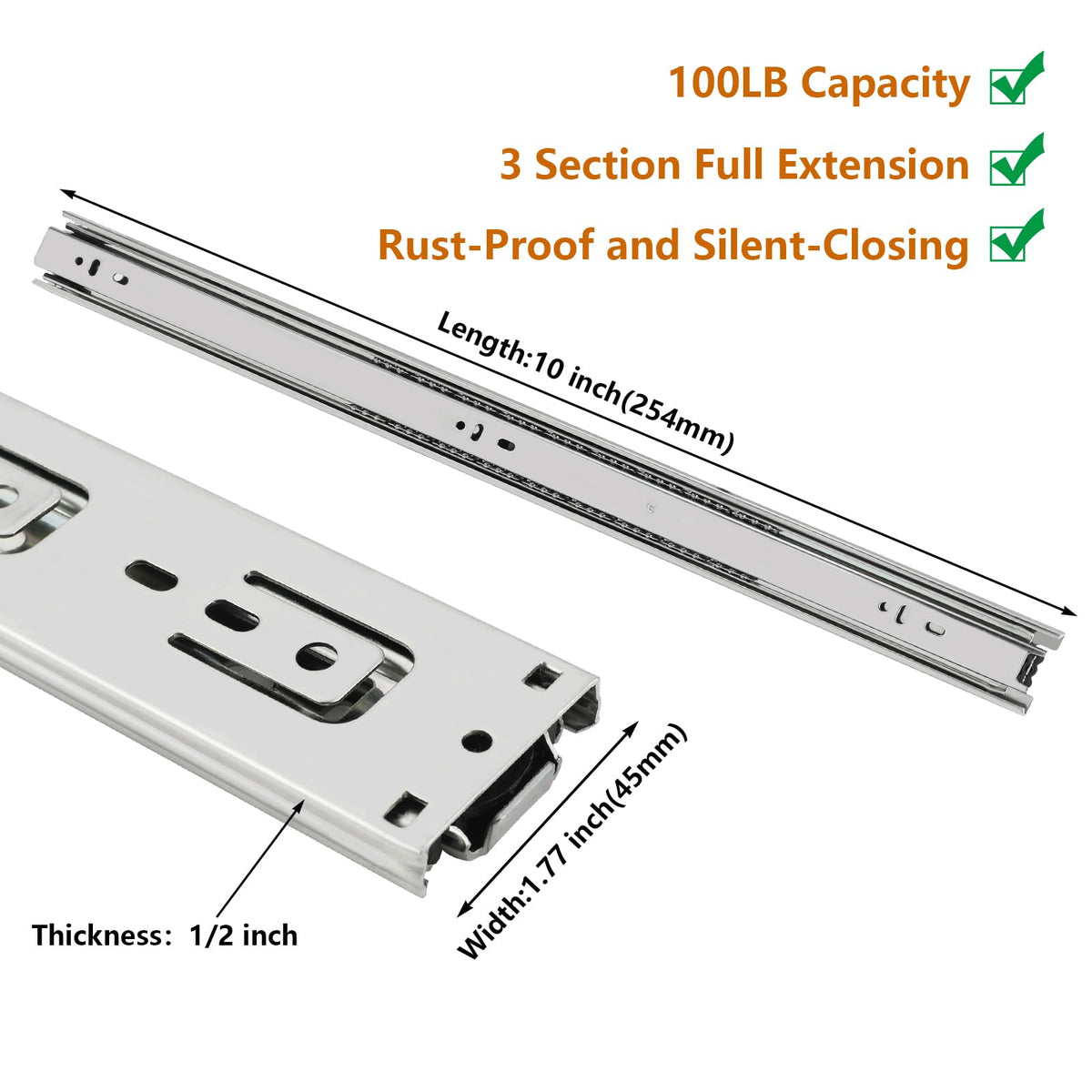10 Inch Heavy Duty Drawer Slides Side Mount 100 LB Capacity (10 Inch)