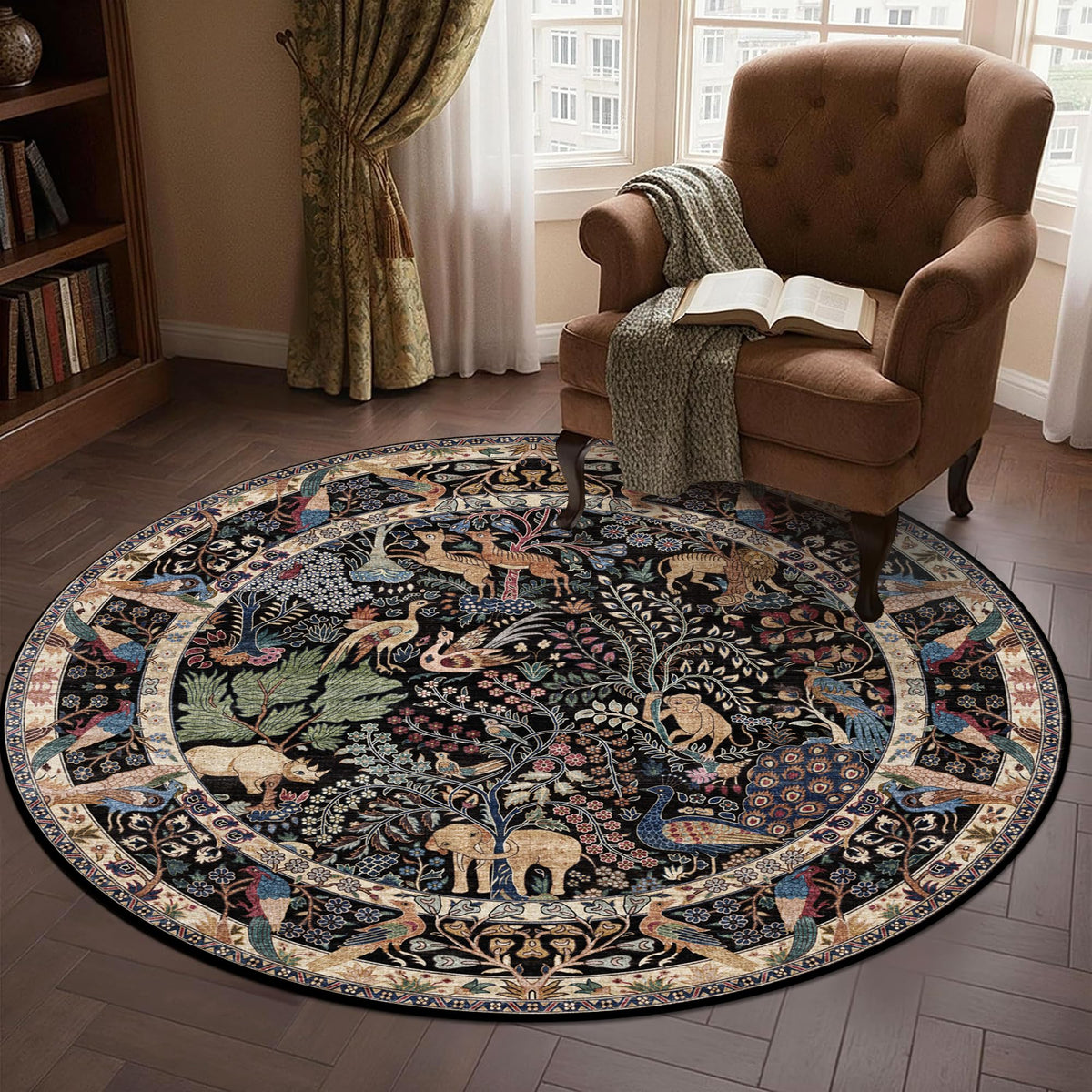 4ft Round Rug Circular Animal Print Area Rug Low Pile Indoor Rug (Black/Multi / 4' (Round))