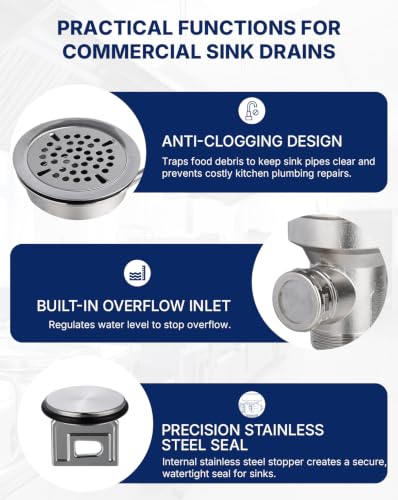 3-1/2" Commercial Sink Drain with Twist Handle, Brass Waste Drain Valve Stopper with Overflow Inlet, Anti-Clog & Leakproof for Restaurant 1/2/3 Compartment Sink