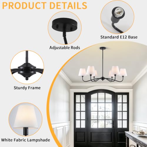 35.82in Black Modern Farmhouse Chandelier with Shades (Black)