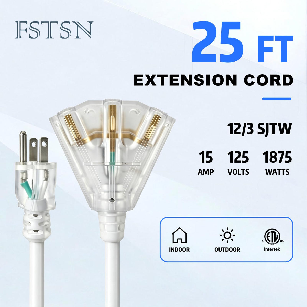 12 Gauge Outdoor Extension Cord 3 Outlet (White / 25FT)