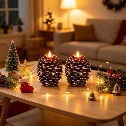 Pine Cone Flameless Candles with 6H Timer String Lights (2-White with string)