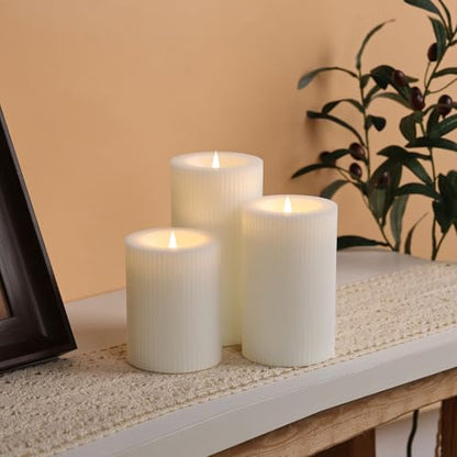 Ribbed Moving Flame Flameless Pillar Candles with Remote Set of 3
