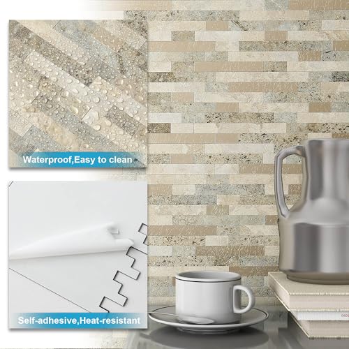 Marble Peel and Stick Backsplash Stick Tiles Subway Brown 10pcs (Autumn Brown)