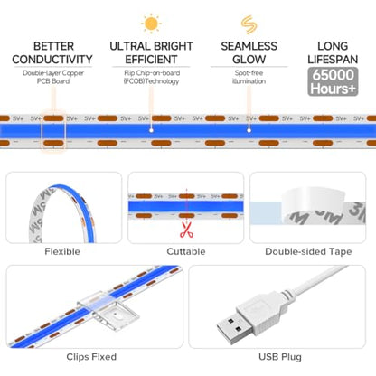 FCOB 5V USB Powered Blue Color COB LED Strip Lights for TV (Blue / 3.28FT)