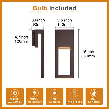 2 Pack Dimmable Indoor Outdoor Wall Sconces 15 Inch Waterproof (2Pack Textured Bronze(without Photocell))
