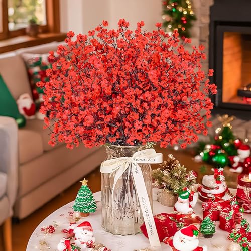 10Pcs Artificial Christmas Flowers Red Babys Breath Decoration for Home (Red)