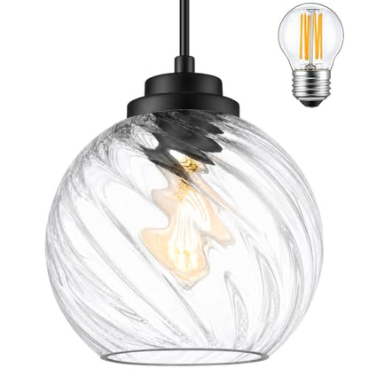 6" Black Globe Pendant Light Ribbed Glass Pendant Lights Kitchen Island Height Adjustable Mid