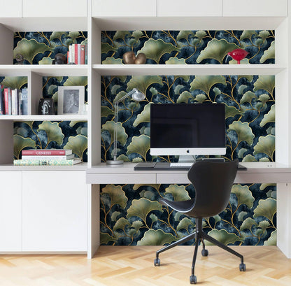 Dark Blue Ginkgo Leaf Peel and Stick Wallpaper (17.7" x 118")