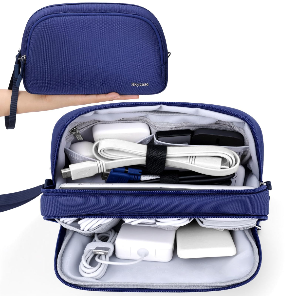 Electronics Travel Organizer 9 Compartment Dual Layer Tech Pouch Lightweight Water Resistant Travel Cable Organizer Bag for Chargers Cords Phone Power Bank Tech Essentials and Daily Items (Blue / L)