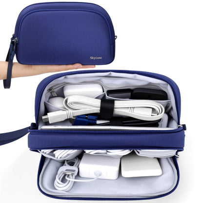 Electronics Travel Organizer 9 Compartment Dual Layer Tech Pouch Lightweight Water Resistant Travel Cable Organizer Bag for Chargers Cords Phone Power Bank Tech Essentials and Daily Items (Blue / L)