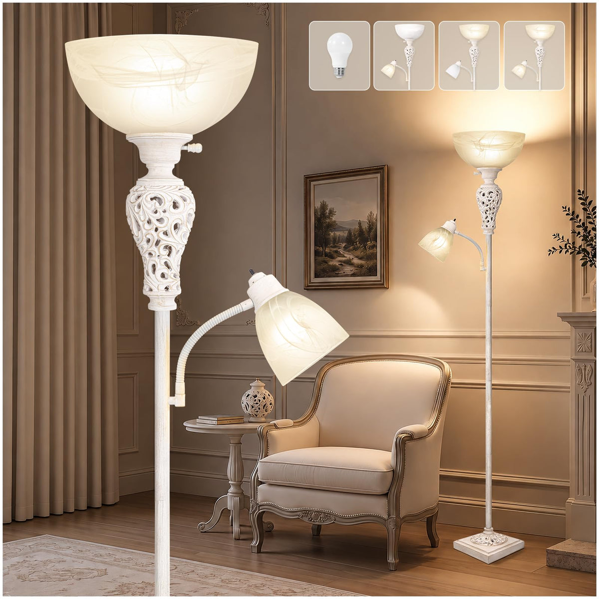 Torchiere Floor Lamp with Adjustable Reading Light for Living Room Corner (Washed White)