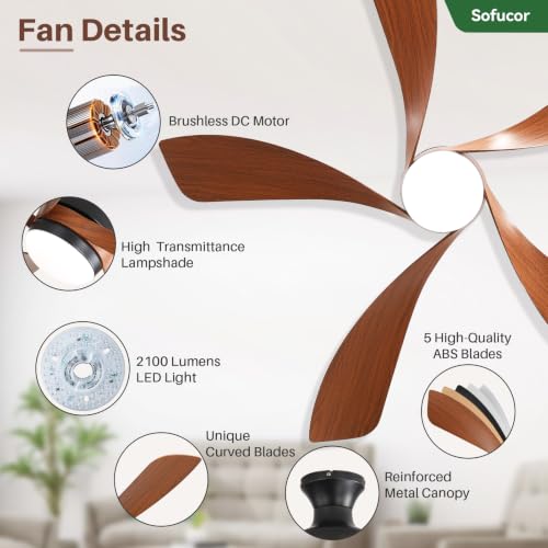 42 Inch Smart Ceiling Fans with Lights and Remote (Black+Brown / 42inch Max)