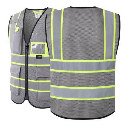 Safety Vest for Men Women Hi Vis Vest with Pockets and Zipper High Visibility Reflective Safety Vests Meet ANSI Standard Grey Color Extended Yellow Strips (Grey / XX-Large)