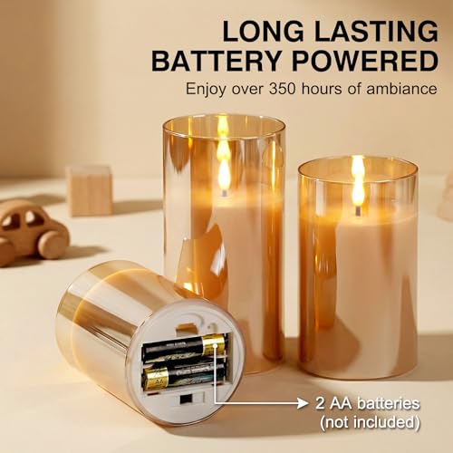 Moving Flame Glass Flameless Pillar Candles with Remote Set of 3