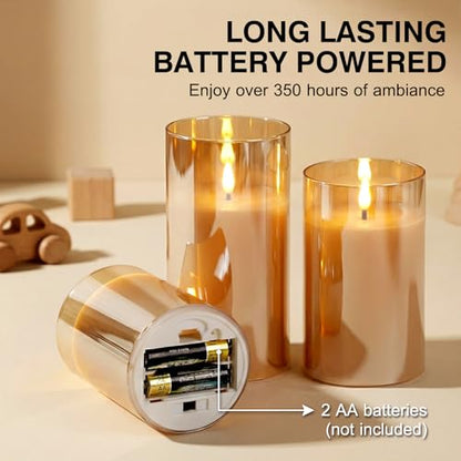 Moving Flame Glass Flameless Pillar Candles with Remote Set of 3