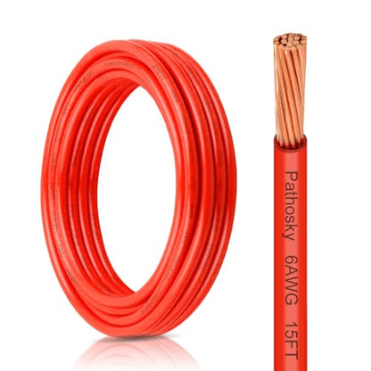THHN Wire 6 AWG 15FT Stranded OFC Copper Conductor with Nylon Coated PVC Jacket (Red / 6AWG 15FT)