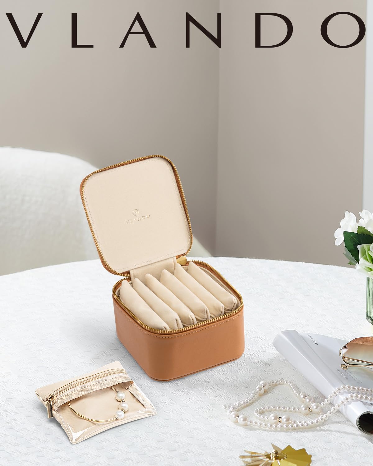 Travel Jewelry Organizer with 6 Clear Velvet Zipper Pouches (E.6 PCS Brown)