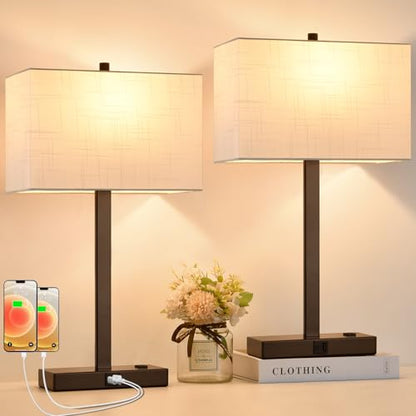 21" Set of 2 Touch Control Table Lamps with 2 USB & AC Outlets