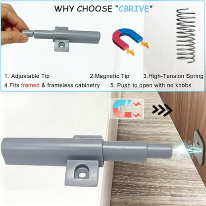 Push to Open Door Latch Cabinet Hardware CBRIVE Magnetic Push Latch & Lock for Hidden Framed & Frameless Kitchen Door Magnet Touch Release Drawer Opener Strong Spring Slim