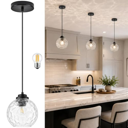6" Modern Pendant Lights Kitchen Island Black Mid Century Modern Pendant Light Fixtures with Clear Glass Globe Modern Hanging Pendant Light for Bathroom Dining Room （Bulb Incl.） (Black & Hammered Glass / 6 Inch)