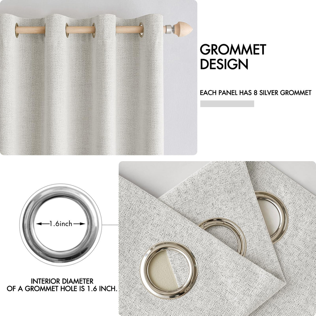 100% Blackout Linen Curtains for Bedroom 52x72 Inches Birch White (Birch White / 52"W x 72"L (Pack of 2))