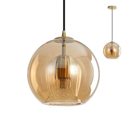 Modern Amber Glass Globe Pendant Light with Gold Socket