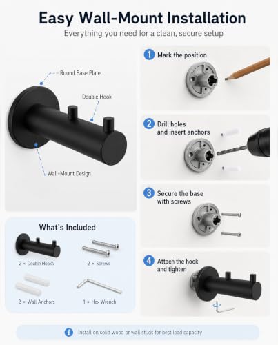 Wall Hooks Heavy Duty Double Black Hooks for Wall (Matte Black)