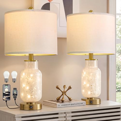 Glass Table Lamps Set of 2 with Nightlight for Bedroom