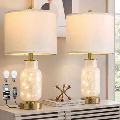 Glass Table Lamps Set of 2 with Nightlight for Bedroom