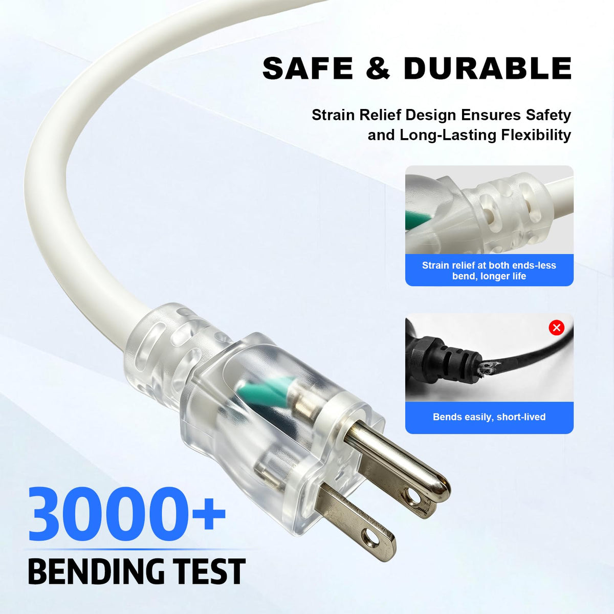 50FT 12 Gauge Extension Cord 3 Outlet (White / 50FT)