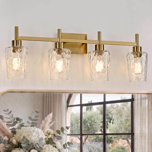 4 Light Bathroom Vanity Light Modern with Hammered Glass Shade (Gold / 4 Lights)