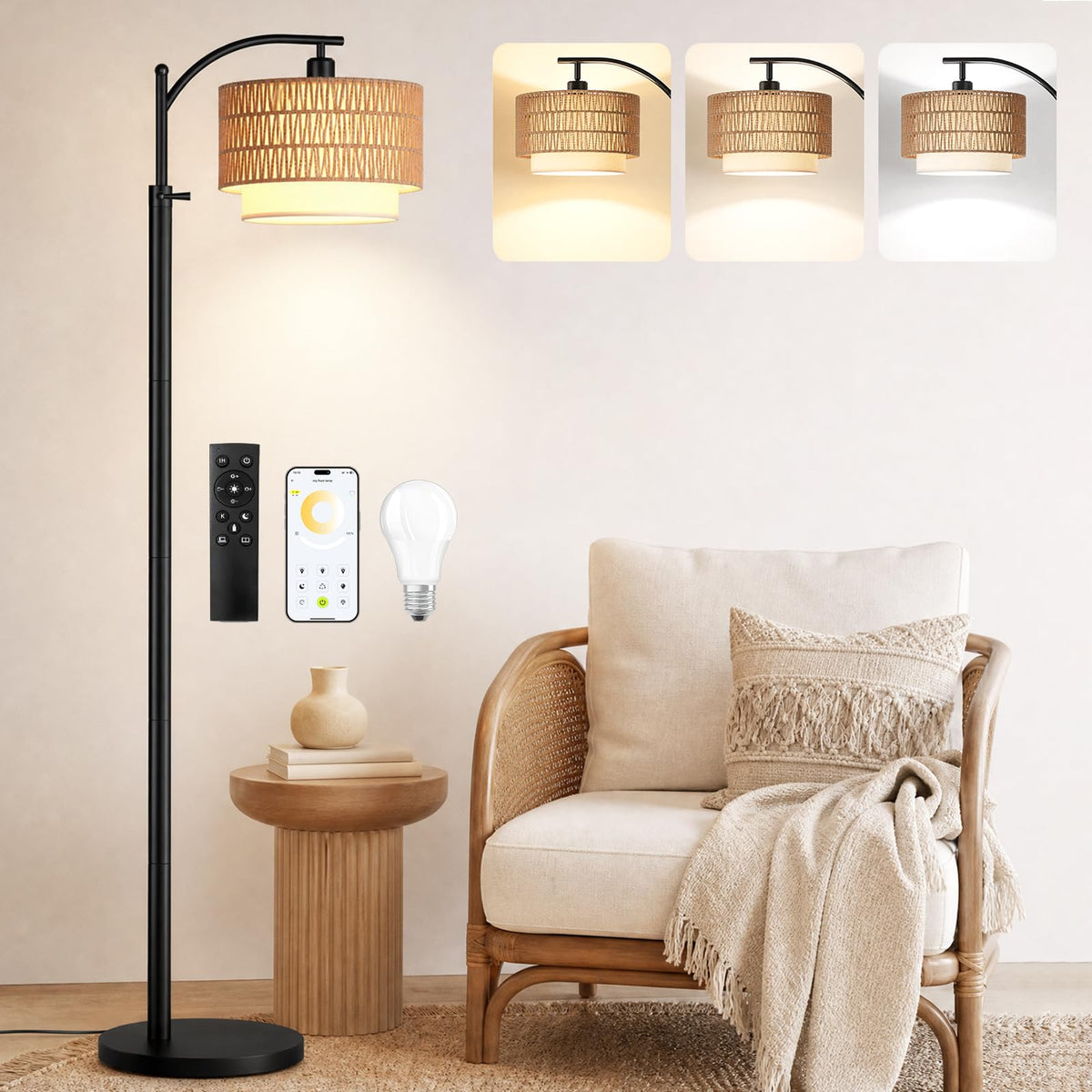 Boho Floor Lamp For Living Room With 3 Color Temperature and Remote (Beige Black)