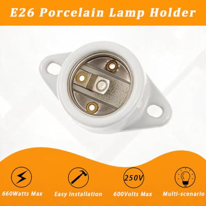 E26 Light Socket Porcelain Lamp Holder Medium Base Keyless Threaded Base with Two Hole Flange Mounting and 6" Wire for Indoor Garage Closet Lighting