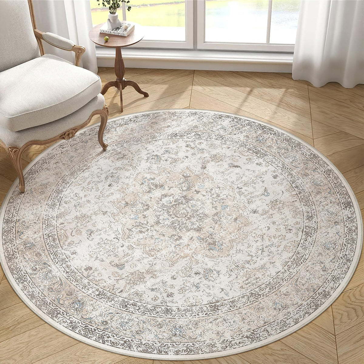 4R Washable Round Rug Beige Grey Non Slip Vintage Carpet (Vintage | Beige Multi / 4' (Round))
