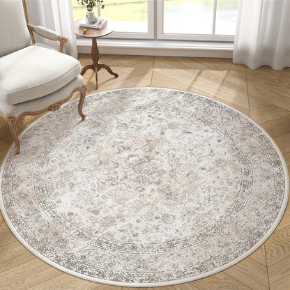 4R Washable Round Rug Beige Grey Non Slip Vintage Carpet (Vintage | Beige Multi / 4' (Round))